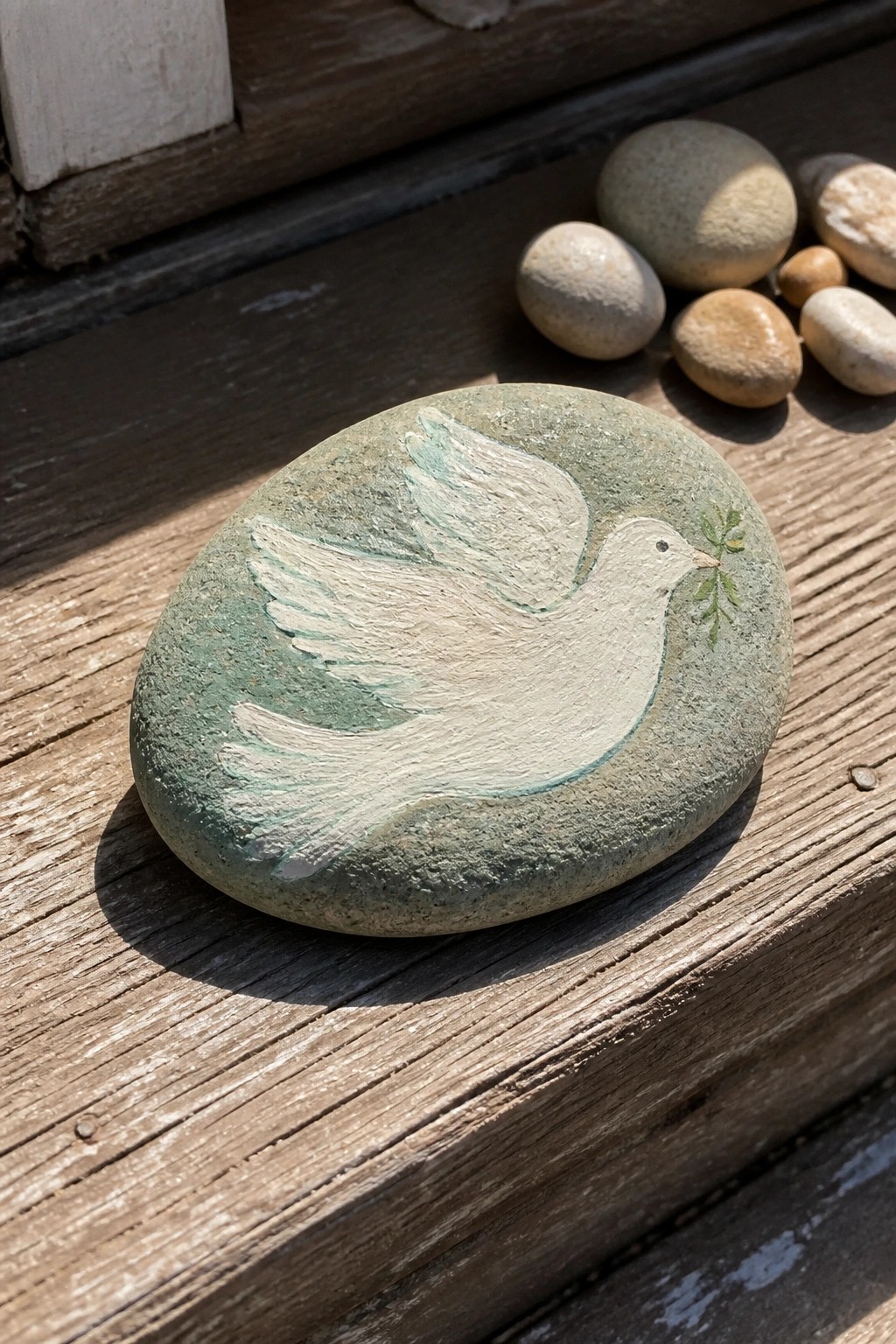 A painted rock with a white dove and olive branch sits on a wooden surface next to other stones.