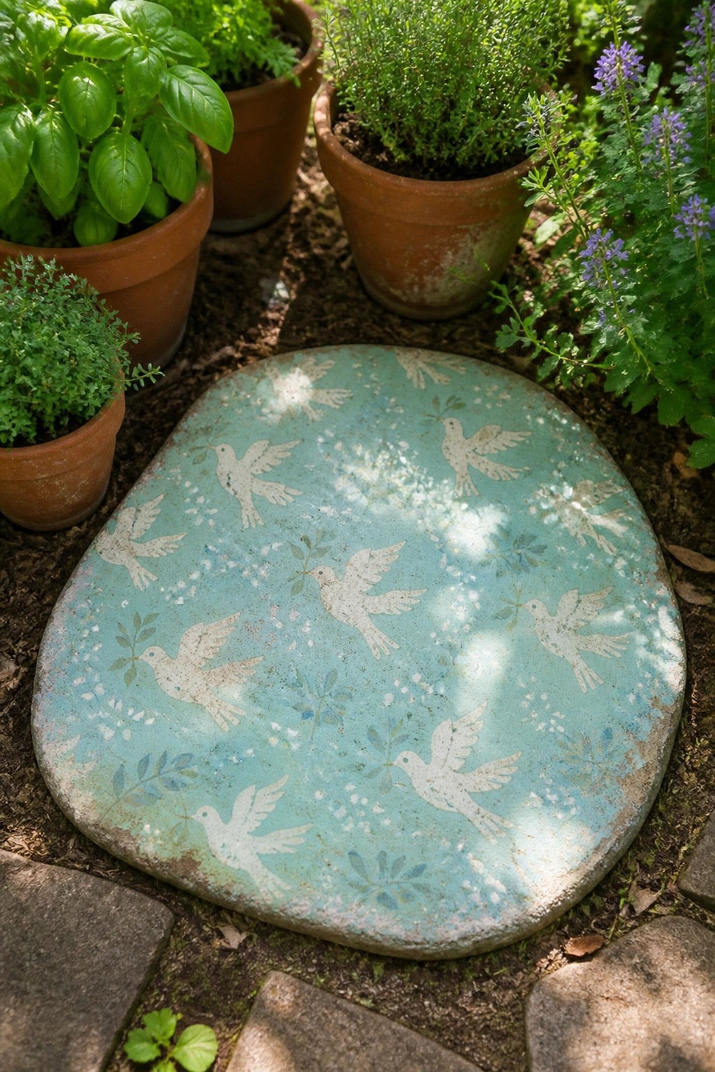 Turquoise stepping stone with white birds amid potted green herbs in garden.