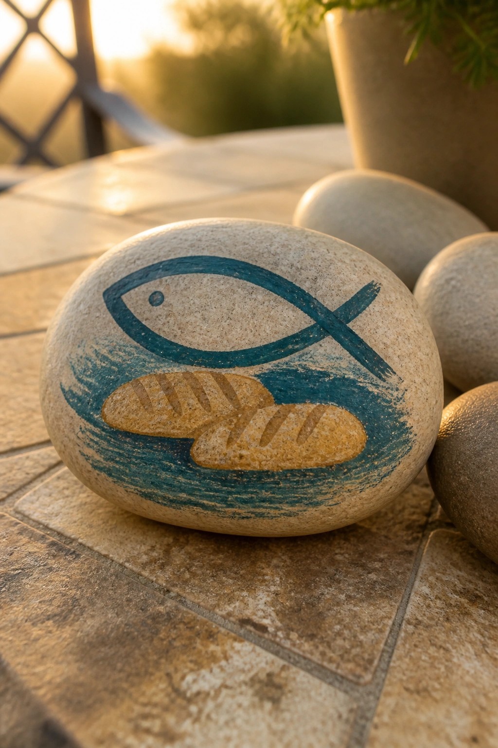 Painted stone with blue fish symbol and two golden bread loaves on tiles