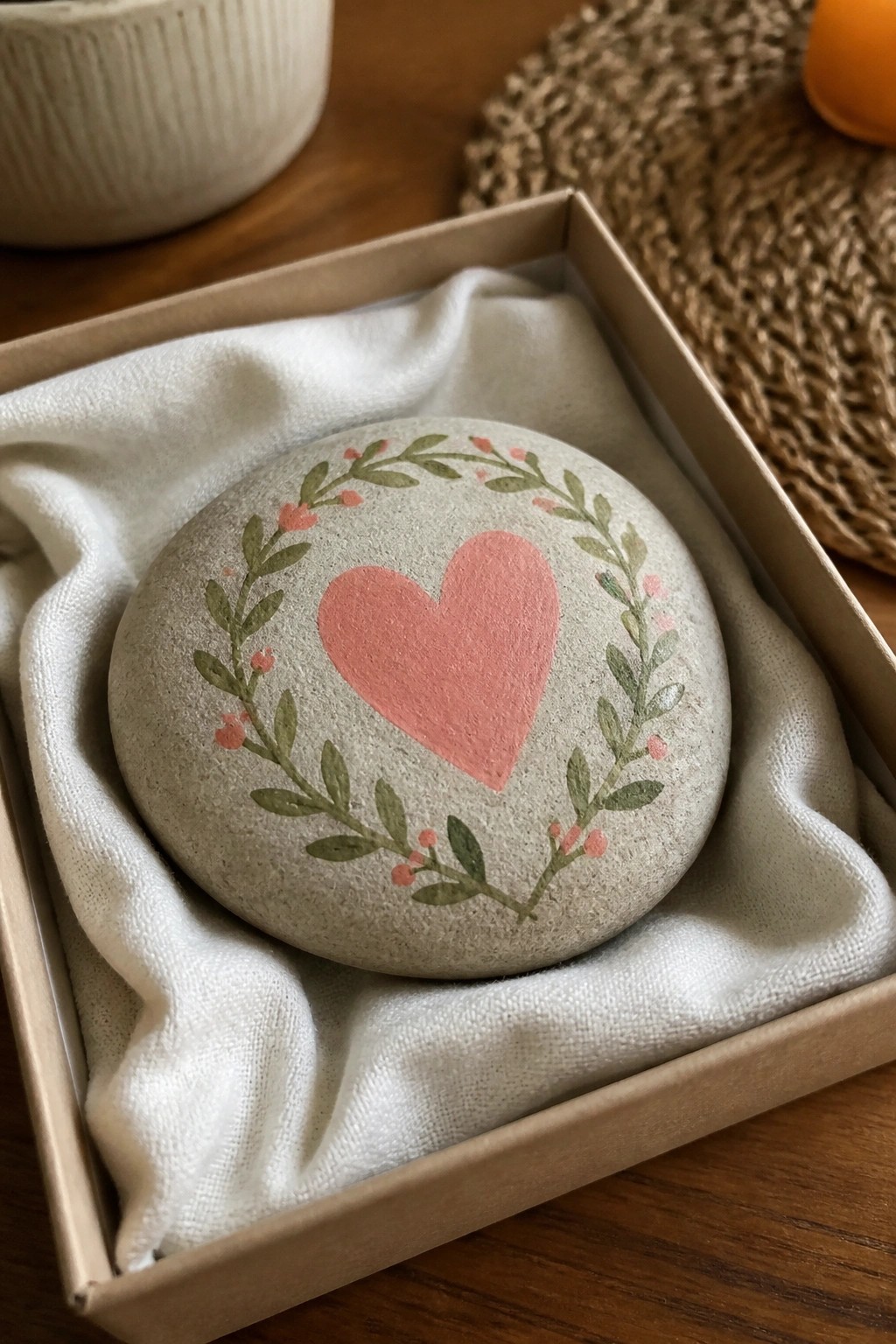 Painted stone with pink heart and green wreath in beige gift box on fabric