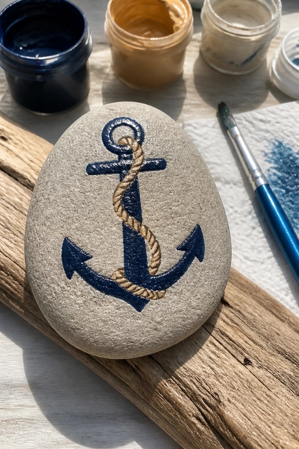Painted gray stone with blue anchor and tan rope amid paint jars and brush.