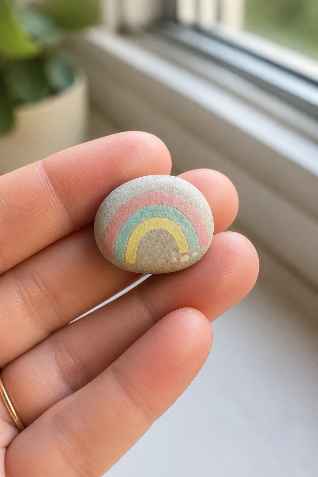 Hand holding small stone painted with pastel pink, green, and yellow rainbow.