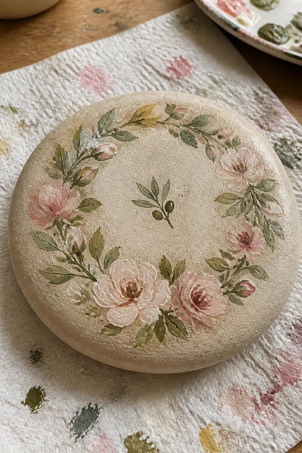 Round beige stone with pink rose wreath and central leaf sprig on paint-stained towel