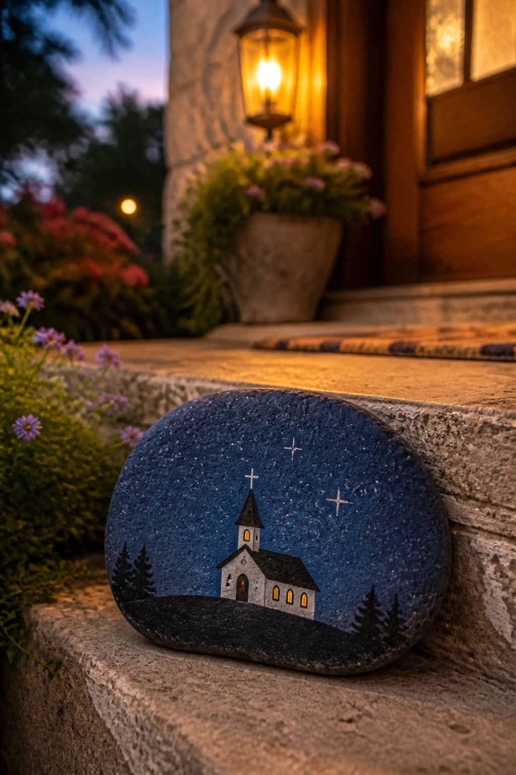 Painted rock with white church under starry night sky on stone steps.