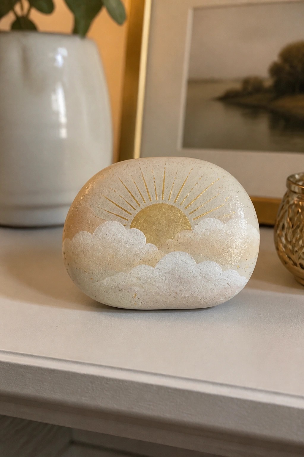 Painted rock with golden sun rays above white clouds on shelf