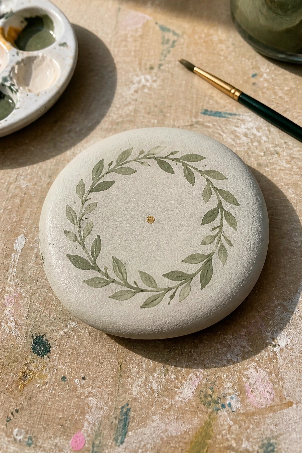 Round white disc painted with green leaf wreath and gold dot, beside palette and brush