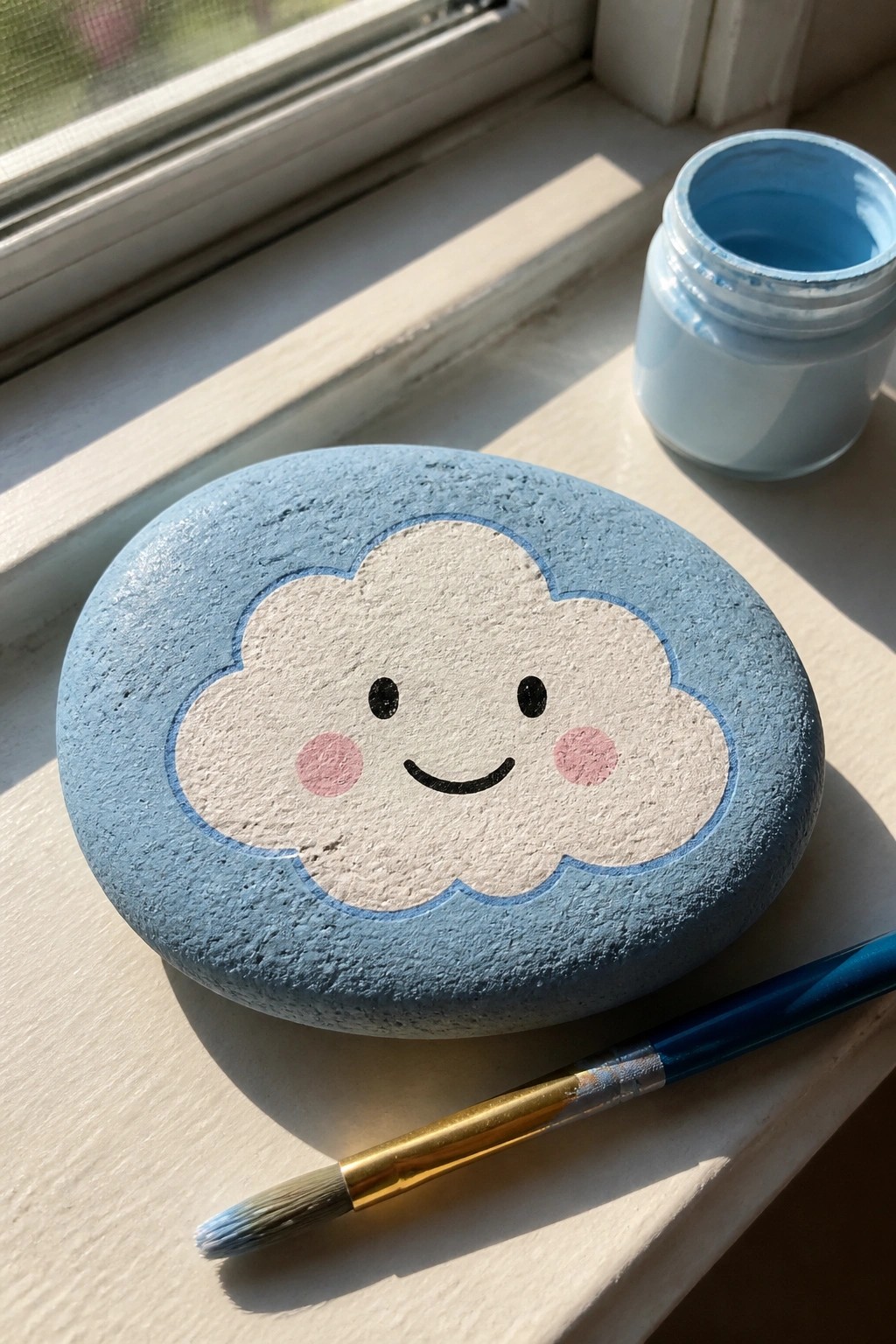 Painted blue rock with smiling cloud face beside paint jar and brush on windowsill.