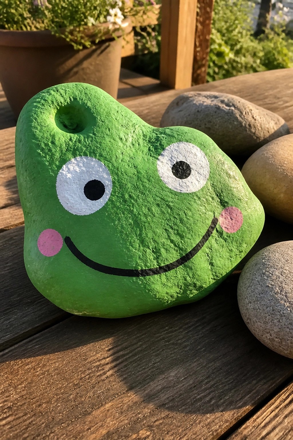 Green painted rock frog with white eyes, black smile, and pink cheeks on wood
