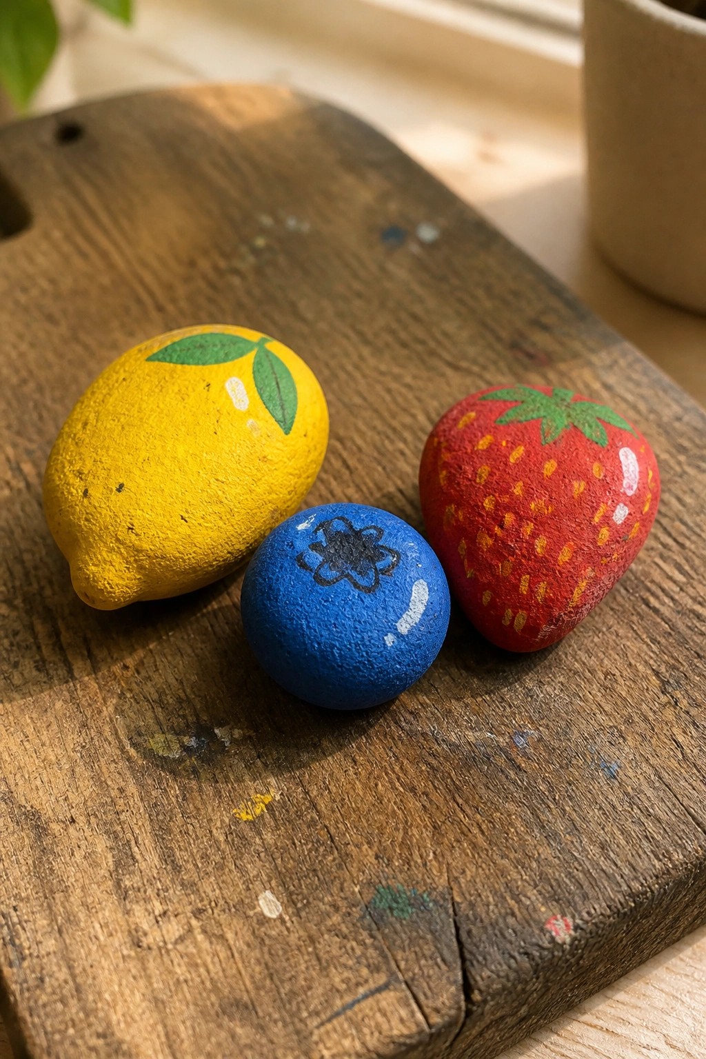 Painted rocks resembling lemon, blueberry, and strawberry on rustic wooden board