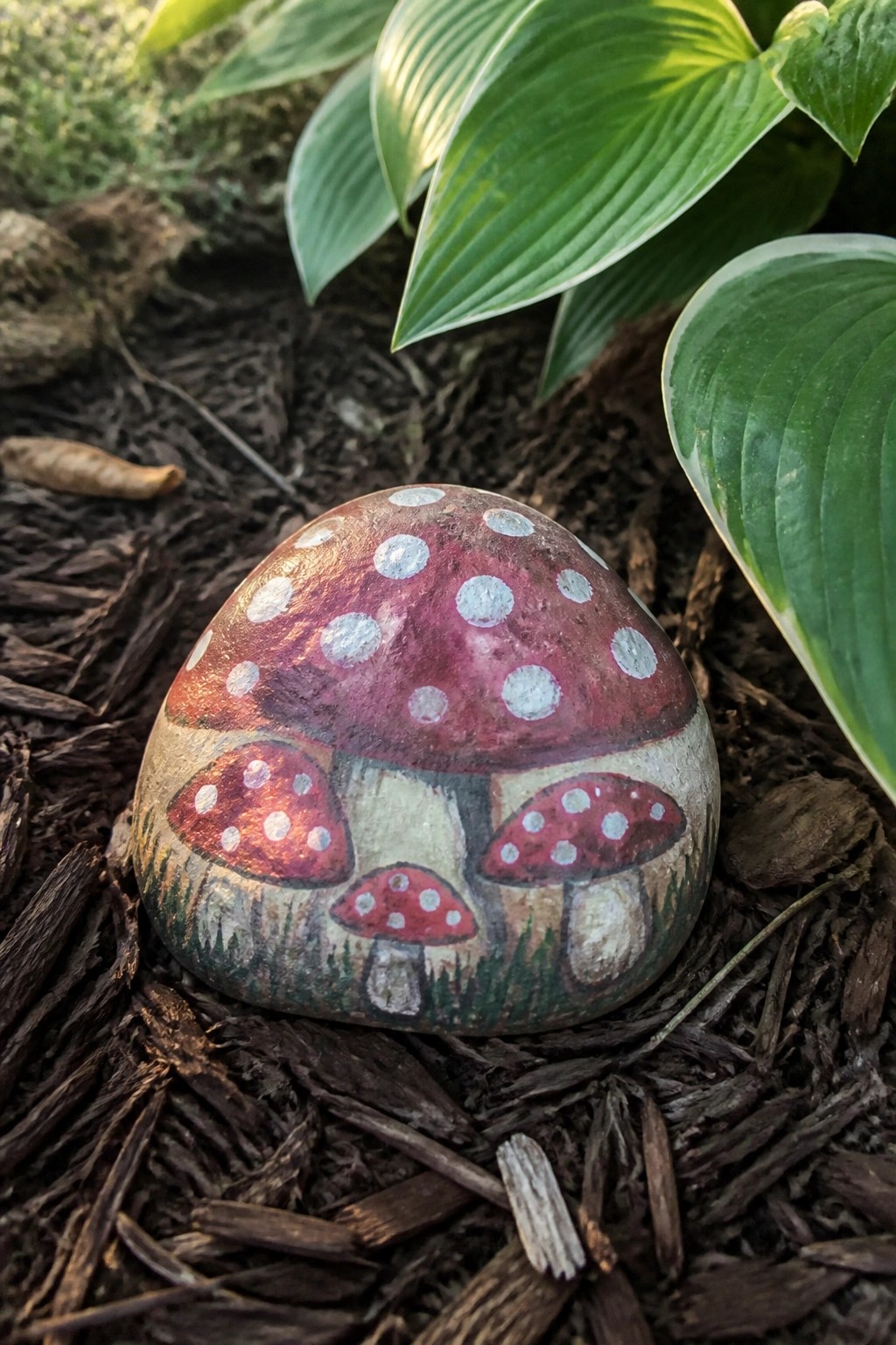 Painted rock with red mushroom caps and white spots on wood chips near leaves.