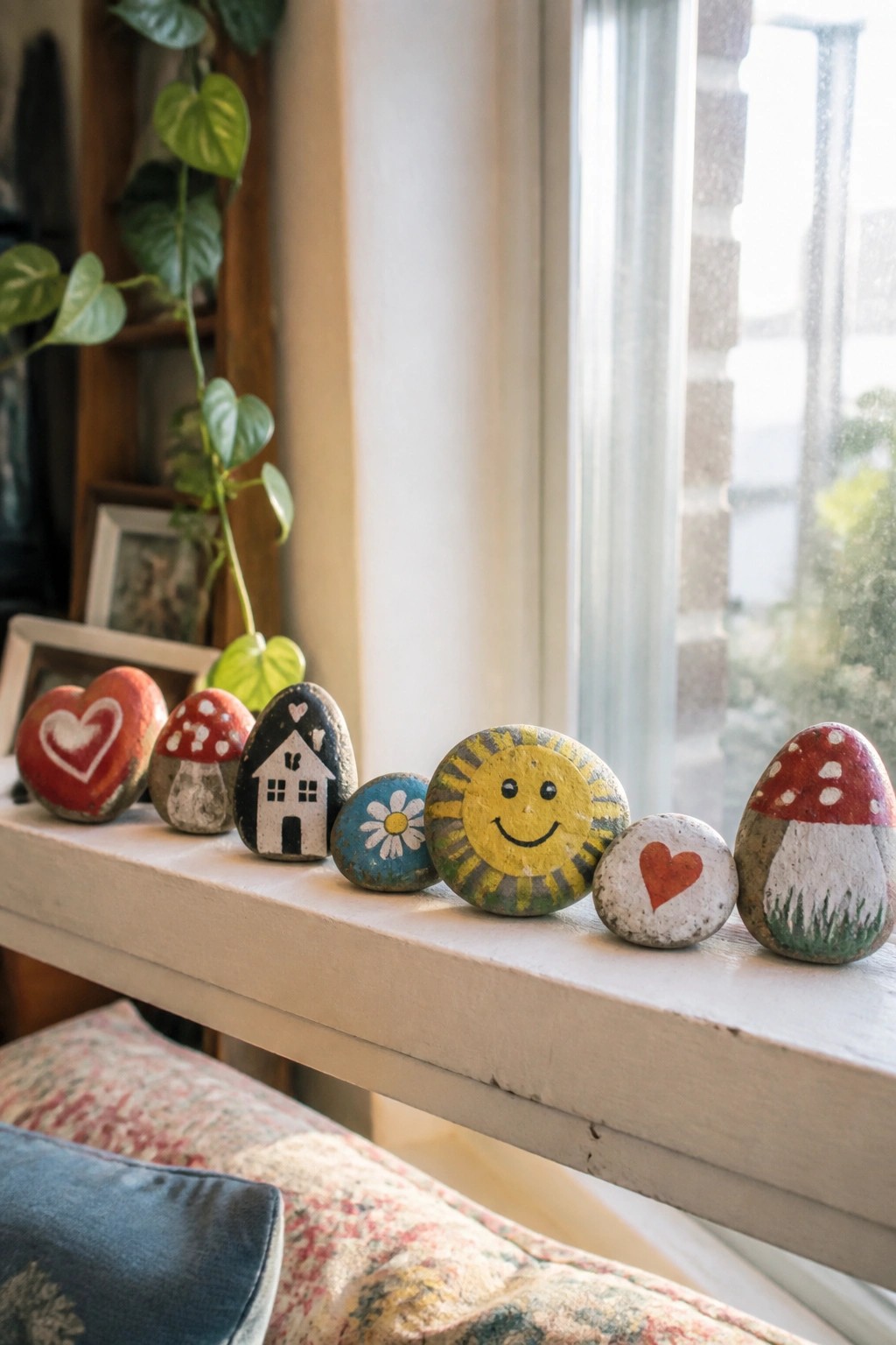 Colorful painted rocks with hearts, sun, mushrooms, house, and flower on windowsill