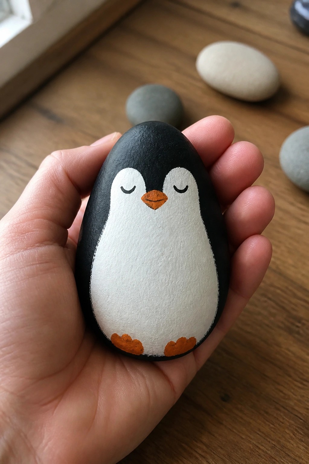 Hand holding black-and-white penguin-painted stone with closed eyes and orange beak