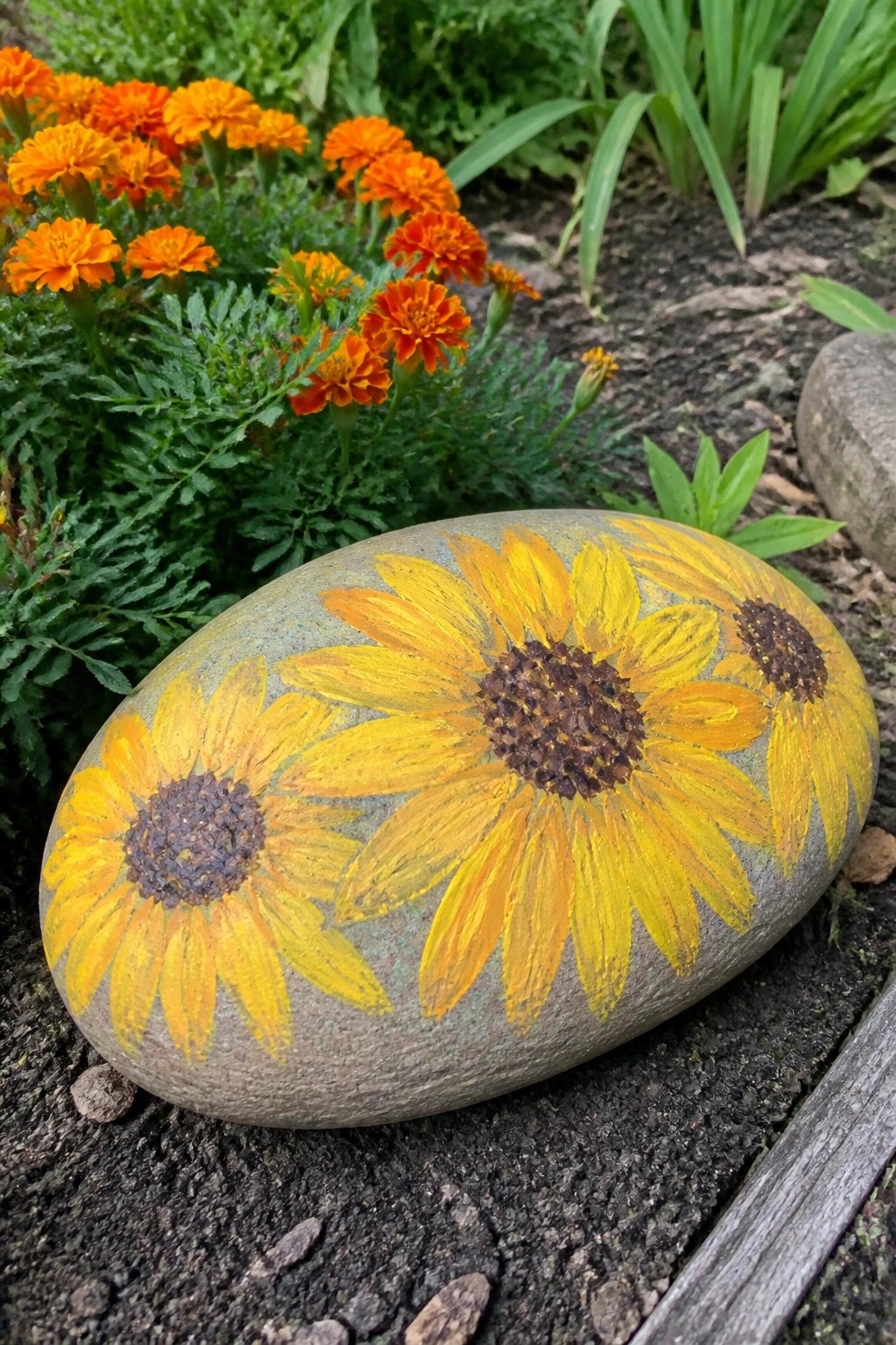 Gray rock painted with three yellow sunflowers resting on soil near orange blooms