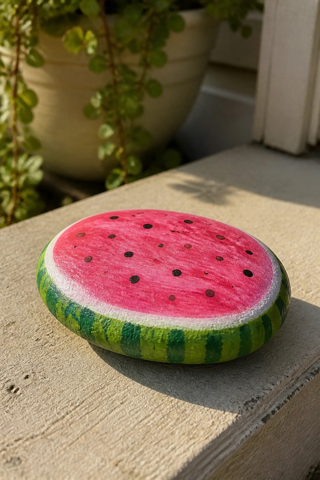 Round rock painted as watermelon with pink center, black seeds, and green rind on ledge.