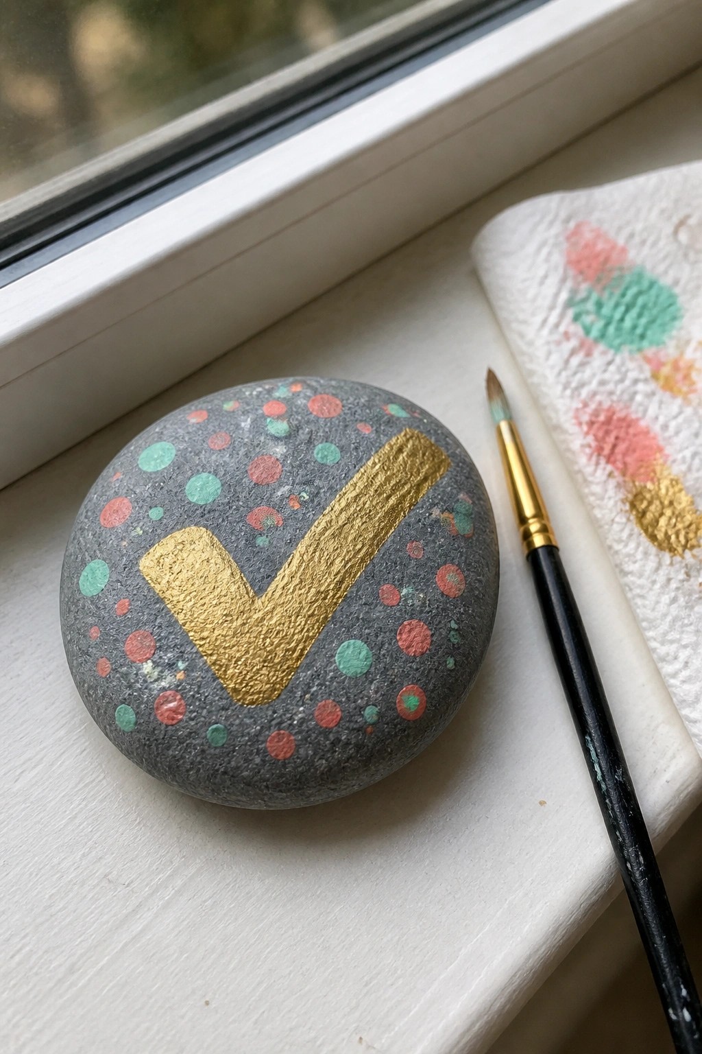 Gray rock with gold checkmark, red and teal dots, beside paintbrush on sill