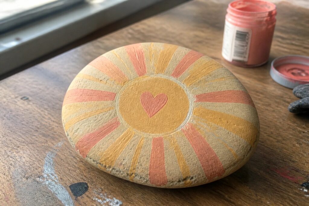 Painted rock with pink and yellow radiating sun rays and central heart on wooden table