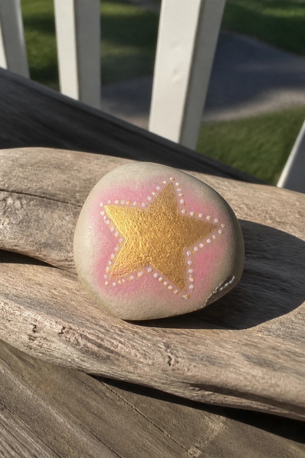 Painted rock with golden star and pink dots on weathered wood