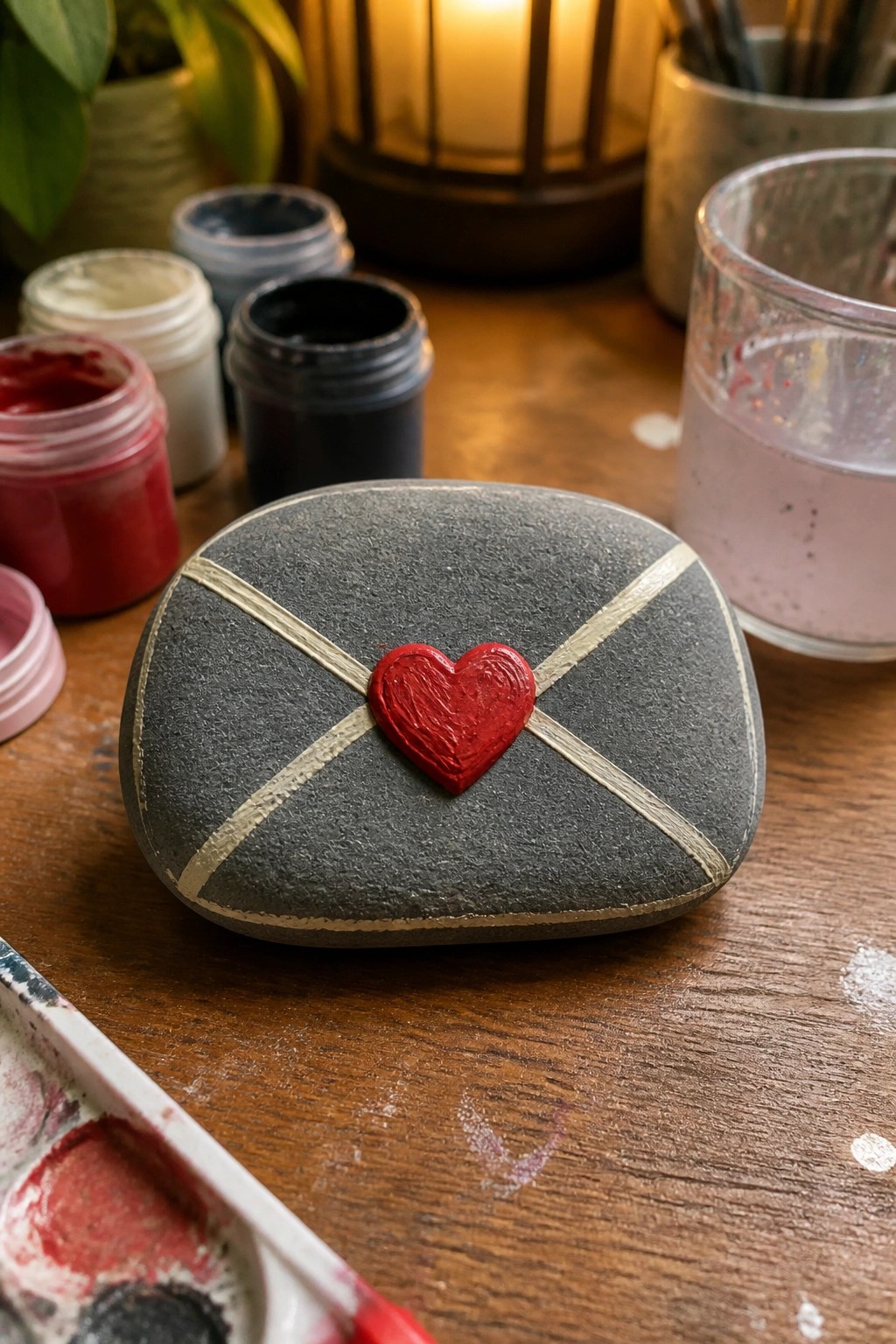 Painted gray rock with red heart and beige envelope on wooden table