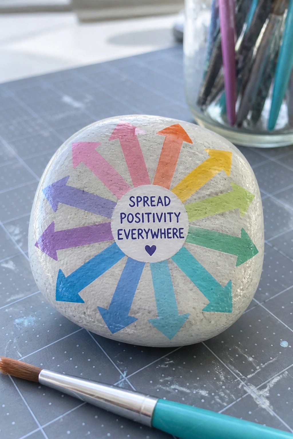 Painted rock with colorful radiating arrows and 