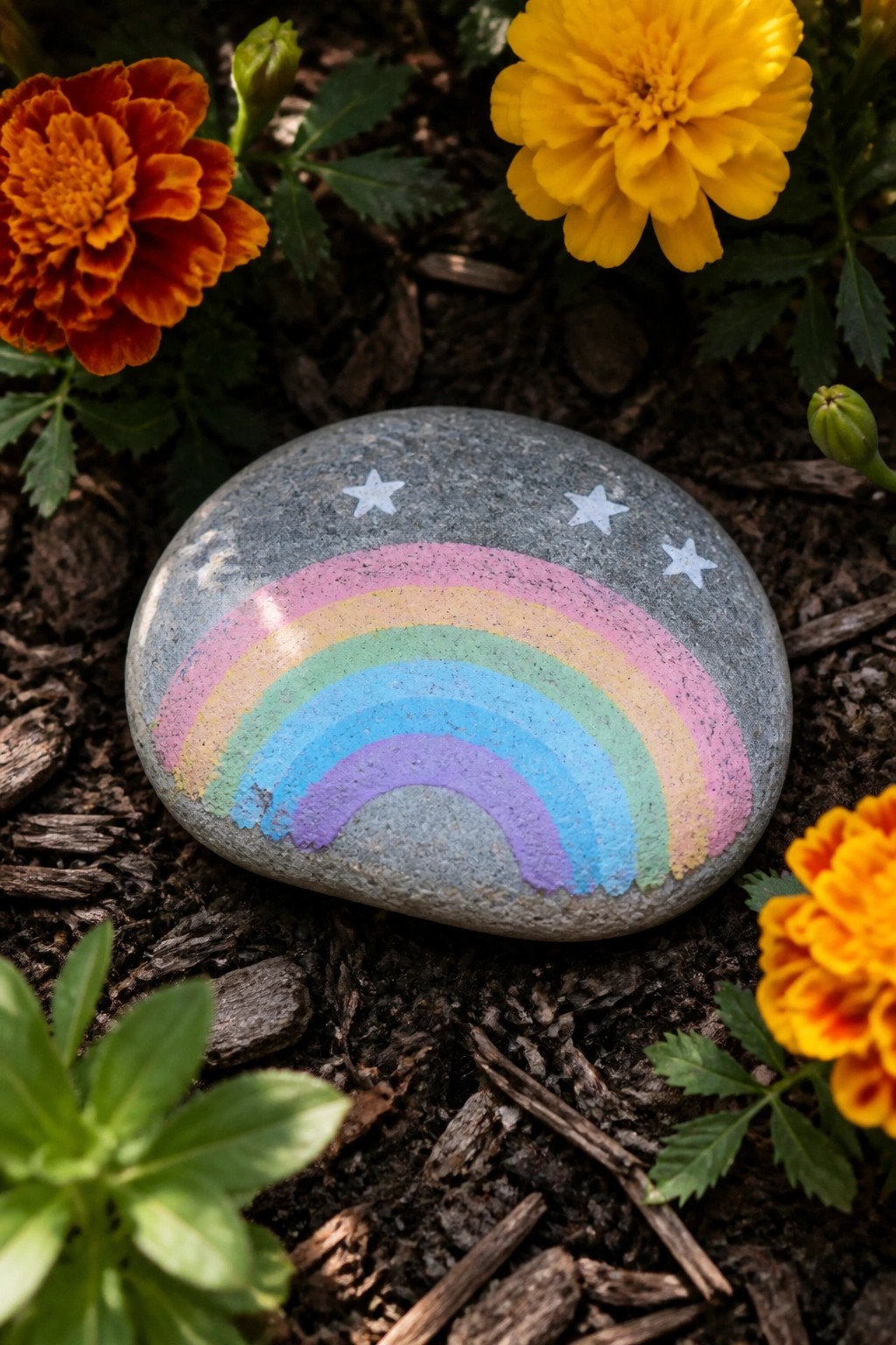 A gray rounded stone painted with a rainbow and three white stars sits on dark soil among orange and yellow flowers.