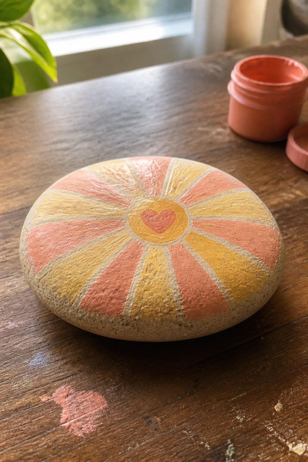 Painted rock with pink and yellow radiating sun rays and central heart on wooden table