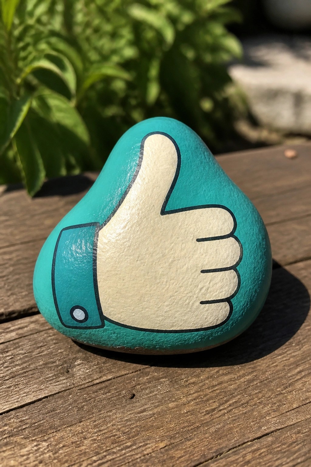 Turquoise painted rock with white thumbs-up hand and sleeve on wooden surface.