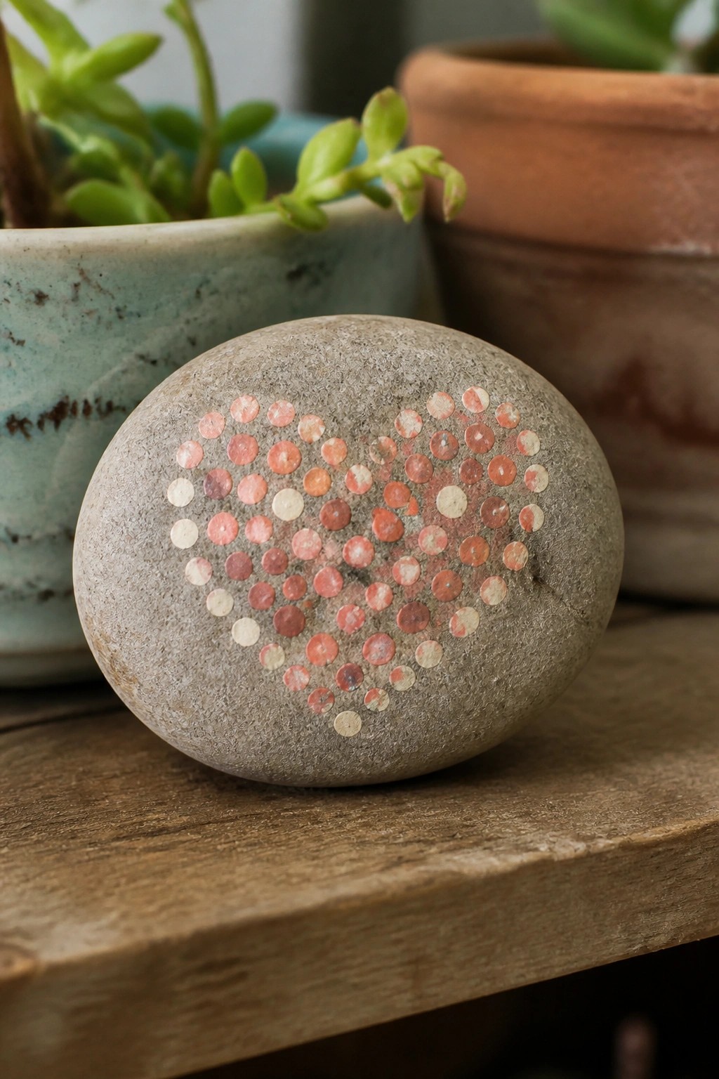 Gray stone with pink dotted heart on rustic wooden surface with plants nearby