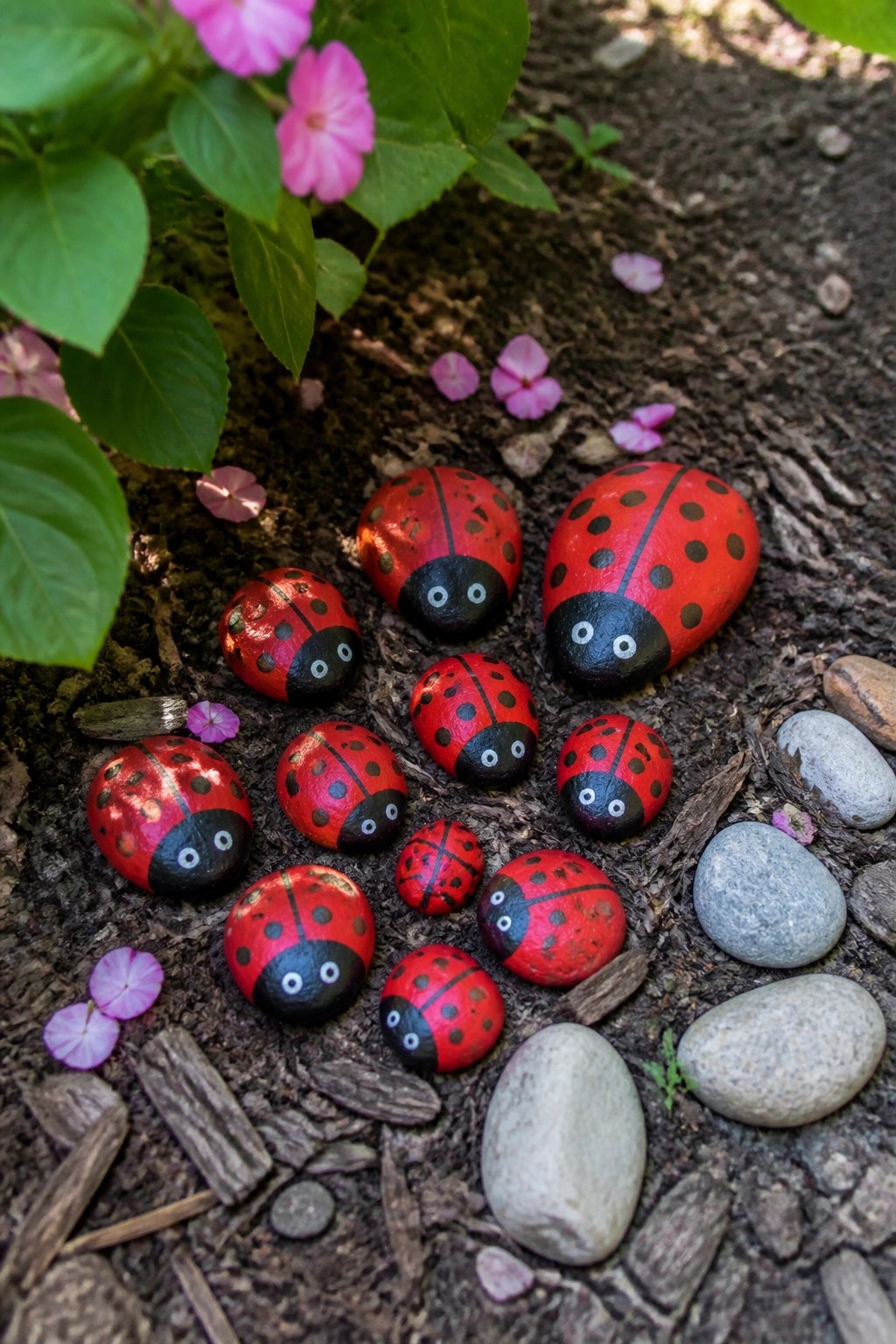 Several red ladybug-painted rocks scattered on soil near pink flowers