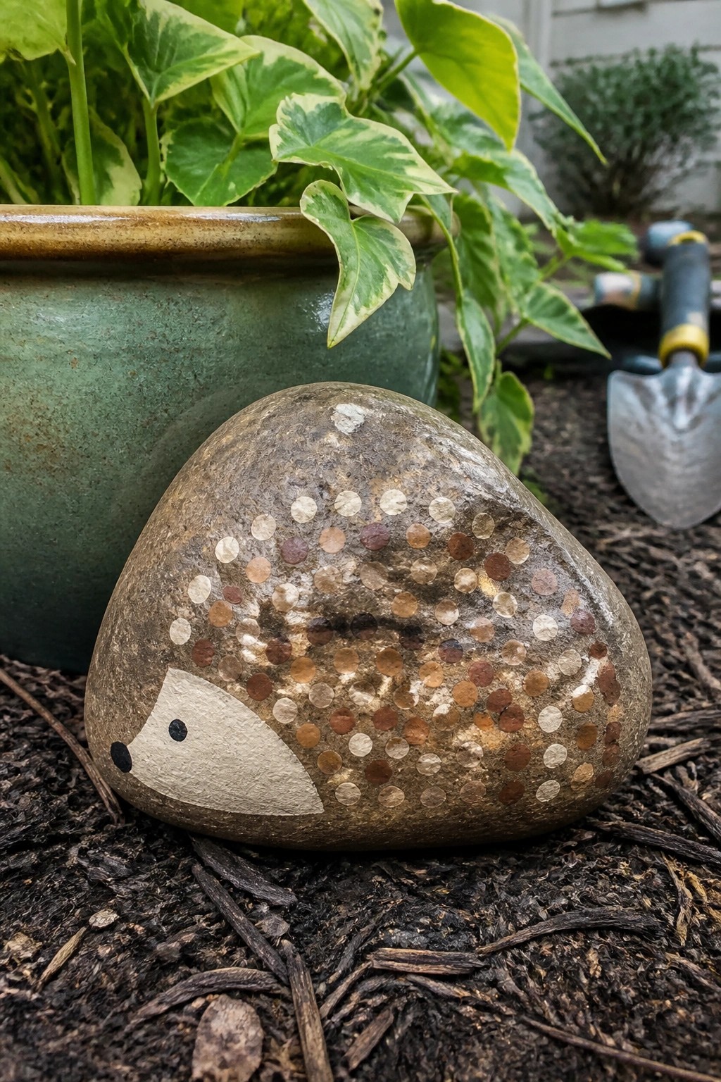 Painted hedgehog rock beside green plant pot and garden trowel on soil