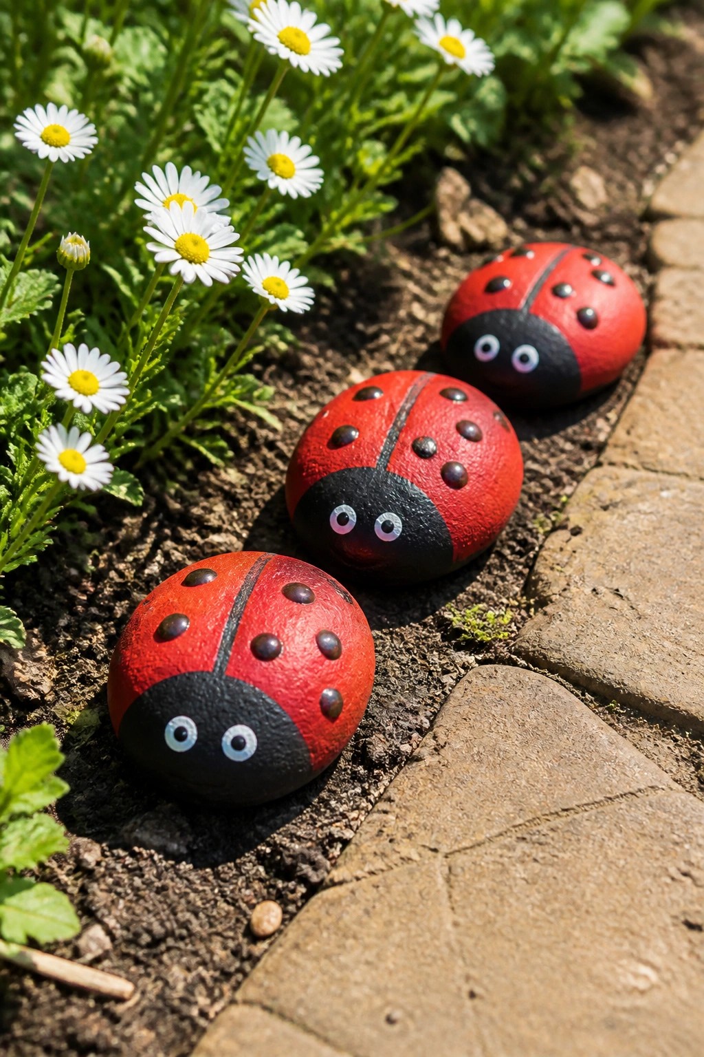 Three red ladybug rocks with black spots and googly eyes near daisies and pavement.