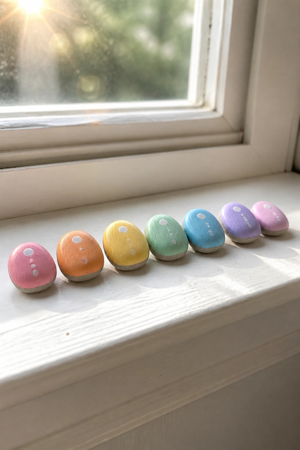Seven pastel rainbow painted rocks with white dots on sunny windowsill.