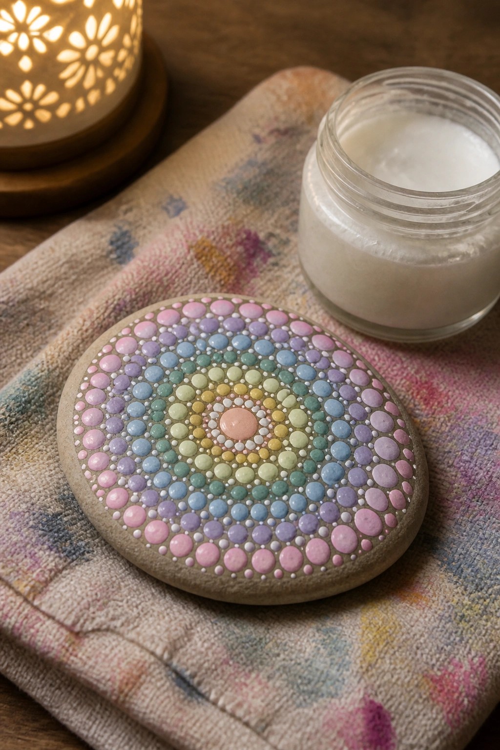 Pastel rainbow mandala dot stone on floral cloth beside cream jar and lit lamp