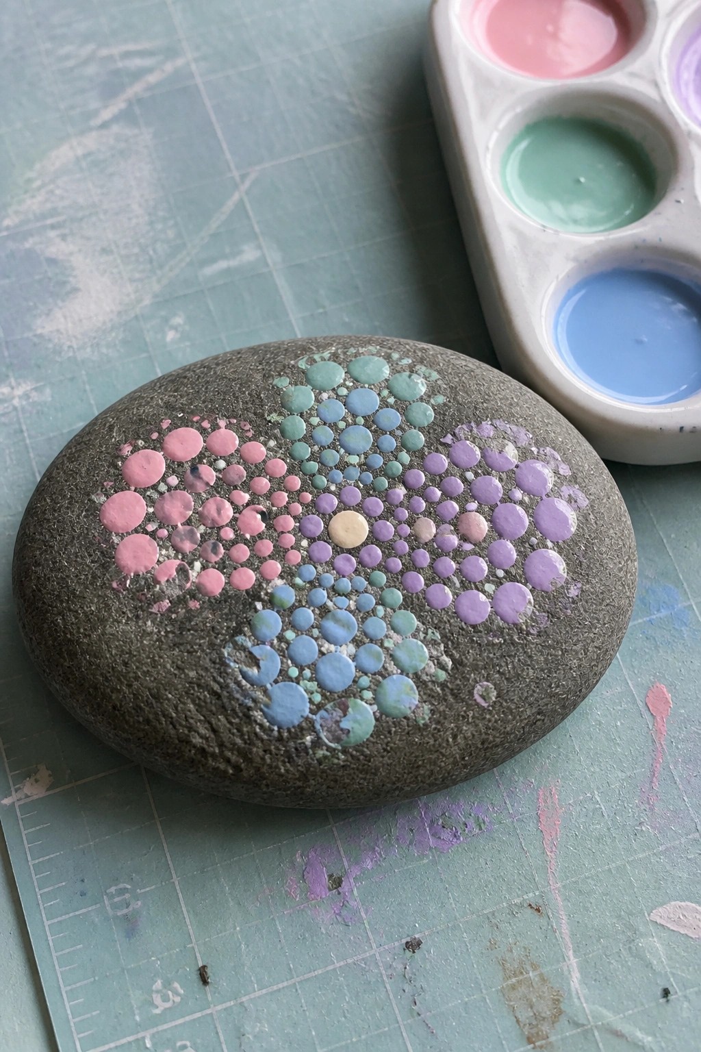 Gray stone with pink purple blue green dotted flower pattern beside paint palette