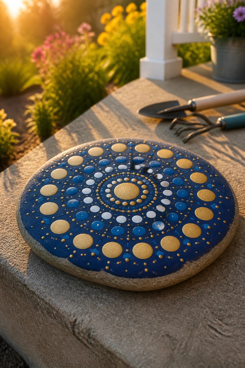 Blue circular stone with gold and blue dotted mandala beside garden tools on porch