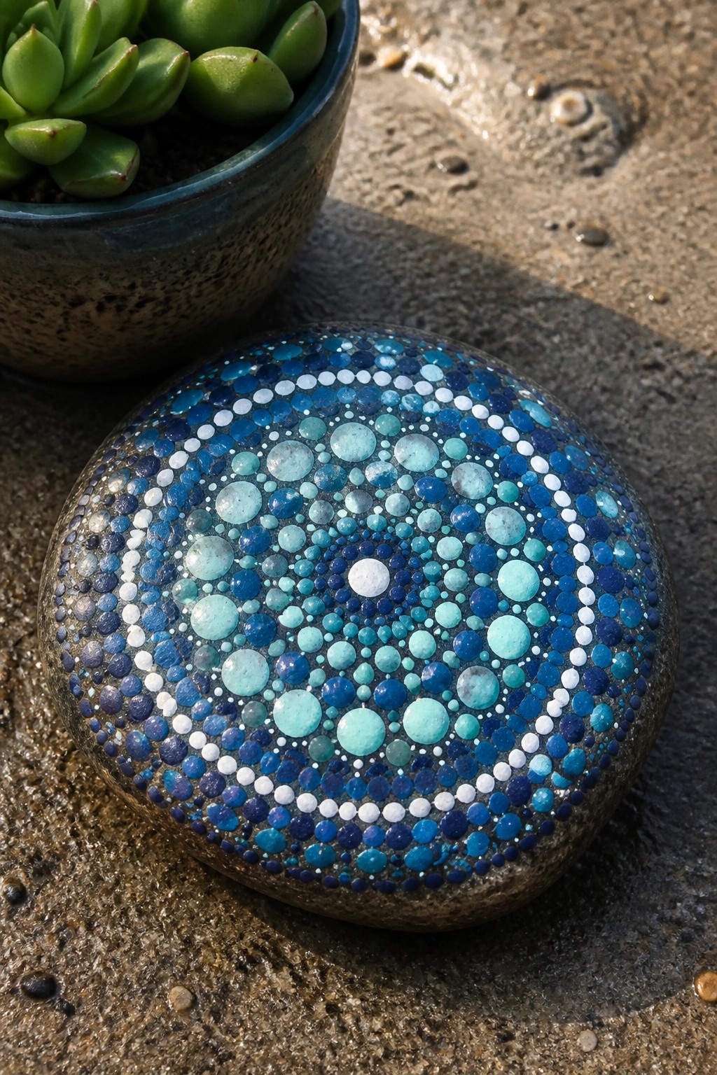 Blue mosaic stone with concentric dots beside potted succulent on wet sand