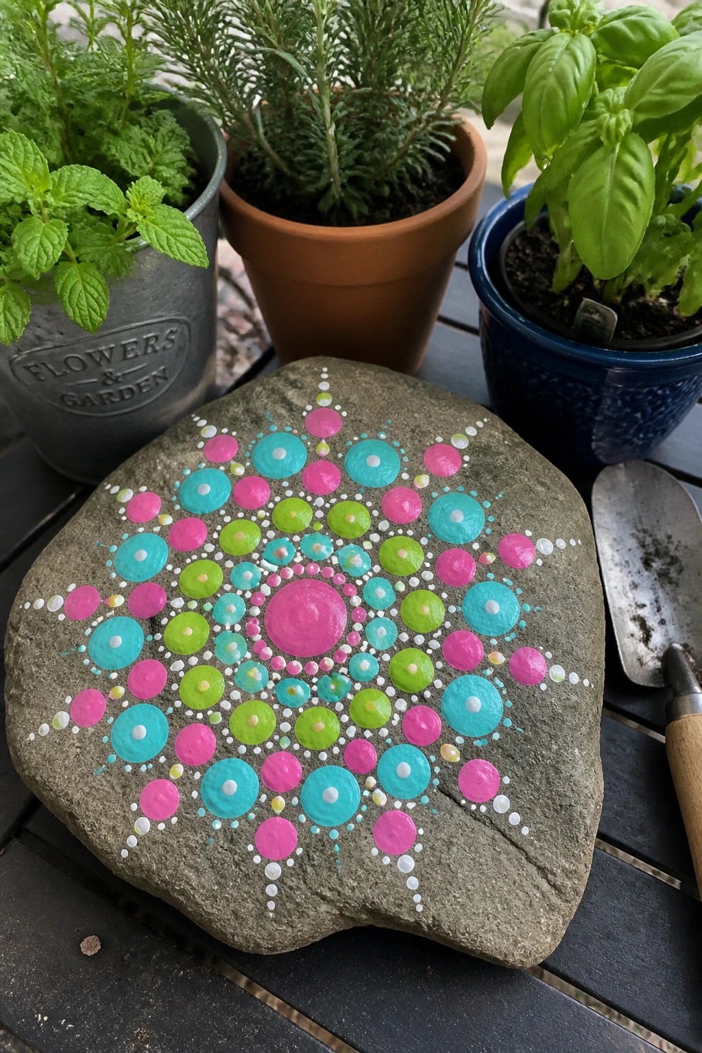 A flat gray stone painted with a colorful mandala of pink, turquoise, lime green, and white dots sits among potted plants on a dark table.