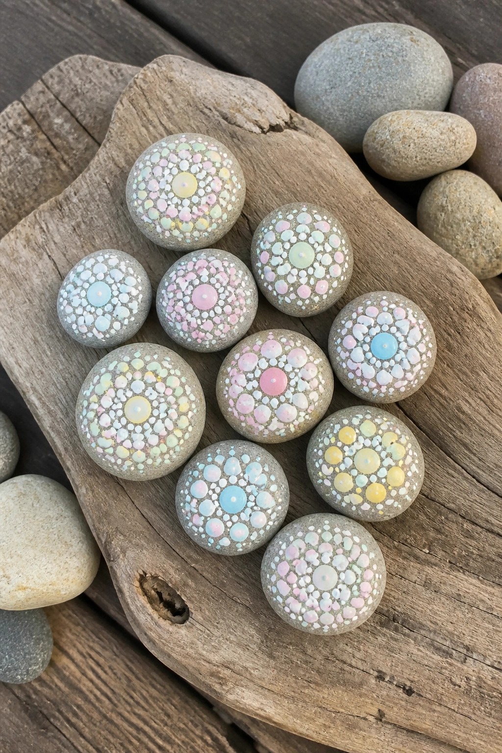 Pastel dot mandalas painted on round stones arranged on weathered wood.