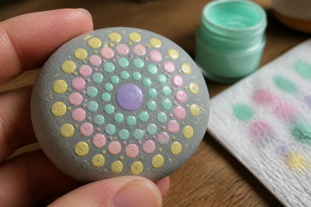 Hand holding gray stone with concentric circles of pastel dots in pink, yellow, and teal.