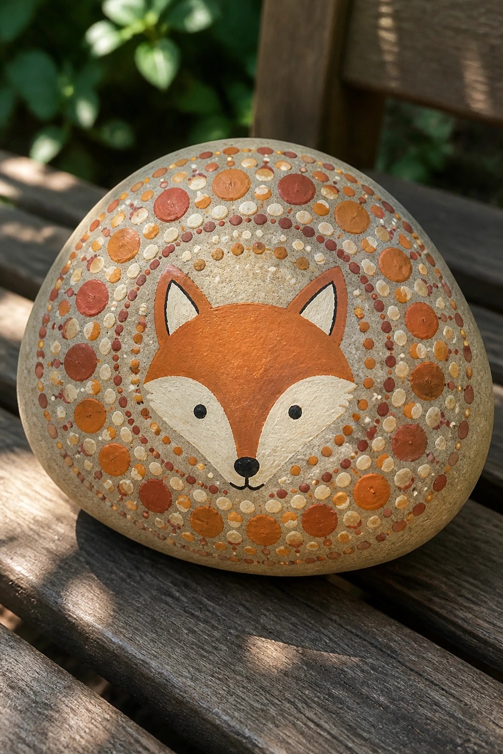 A painted rock with a fox face and surrounding orange dot patterns sits on a wooden surface.