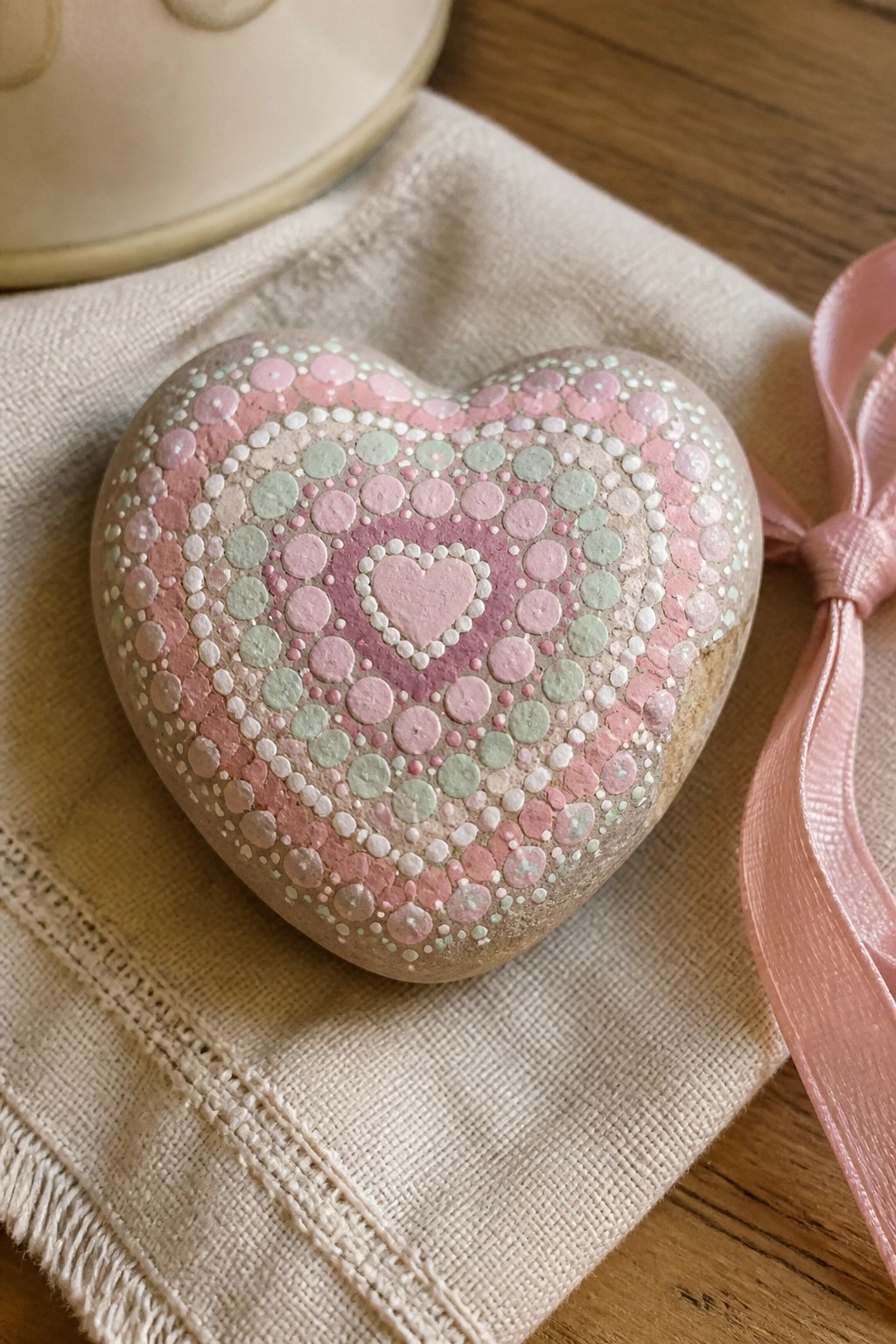 Heart-shaped stone with pink, green, and white dot patterns on cloth beside pink ribbon.