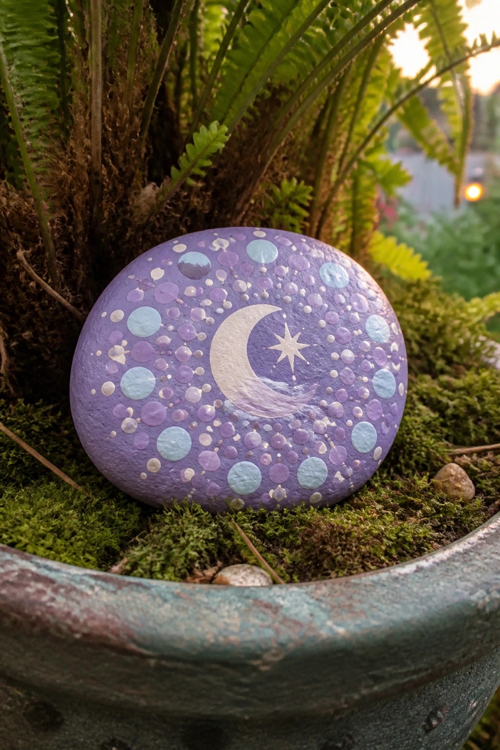 Purple painted rock with crescent moon and stars on moss amid ferns.