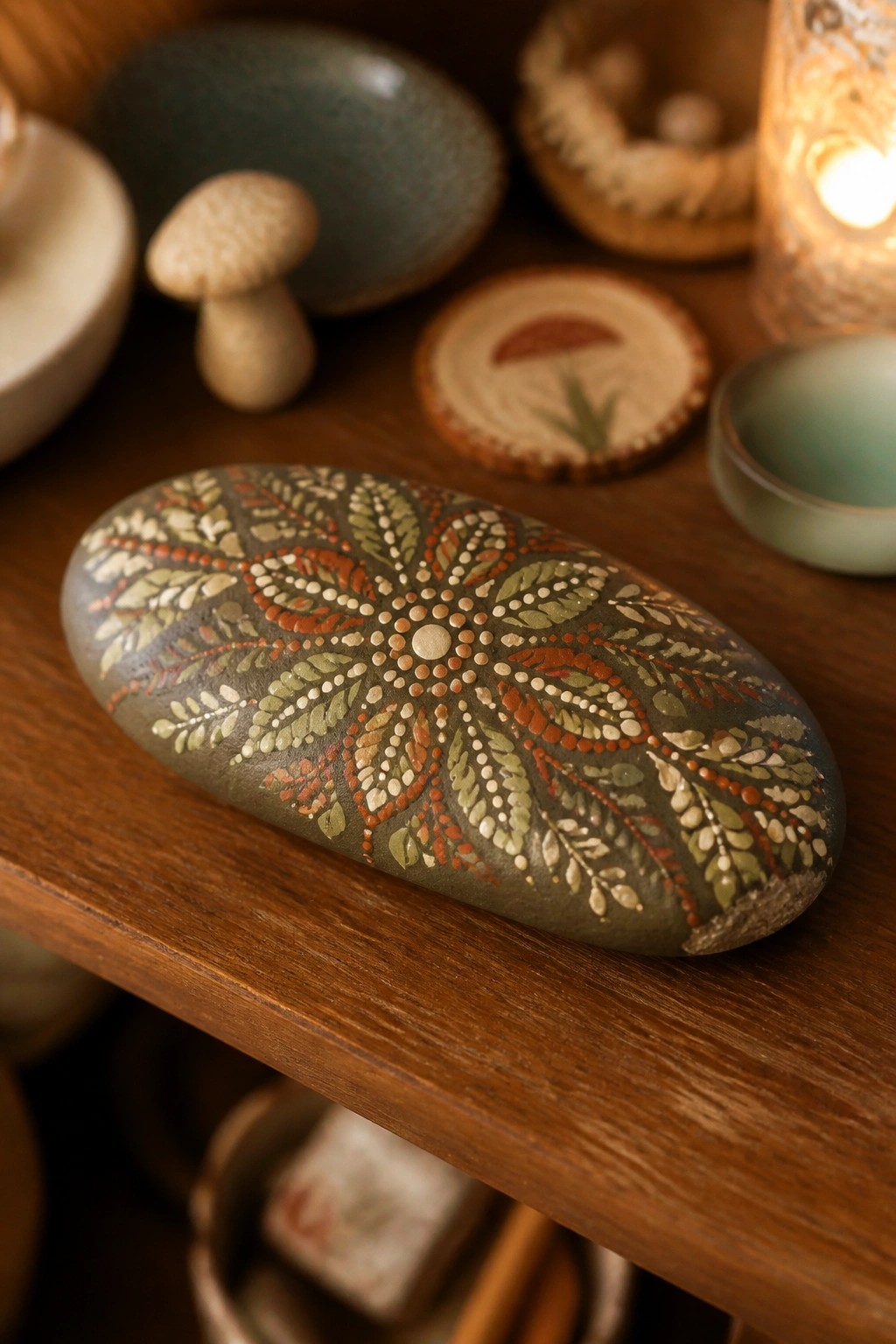 An oval dark gray rock painted with a symmetrical mandala of dots forming green and orange leaf and petal shapes rests on a wooden shelf.
