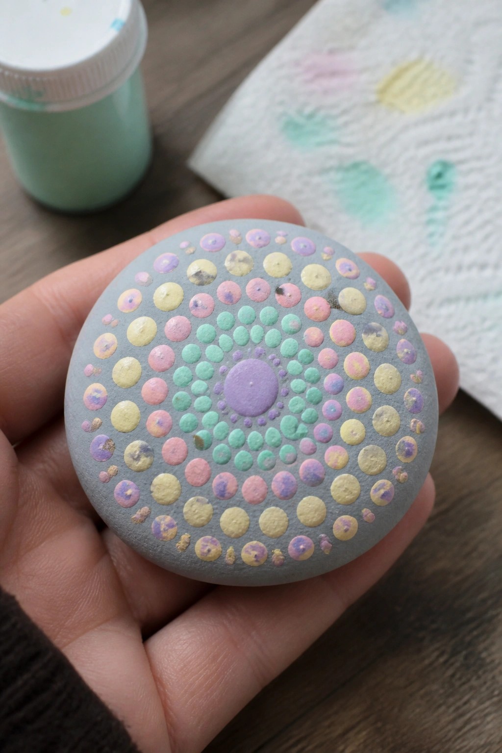 Hand holding gray stone with concentric circles of pastel dots in pink, yellow, and teal.