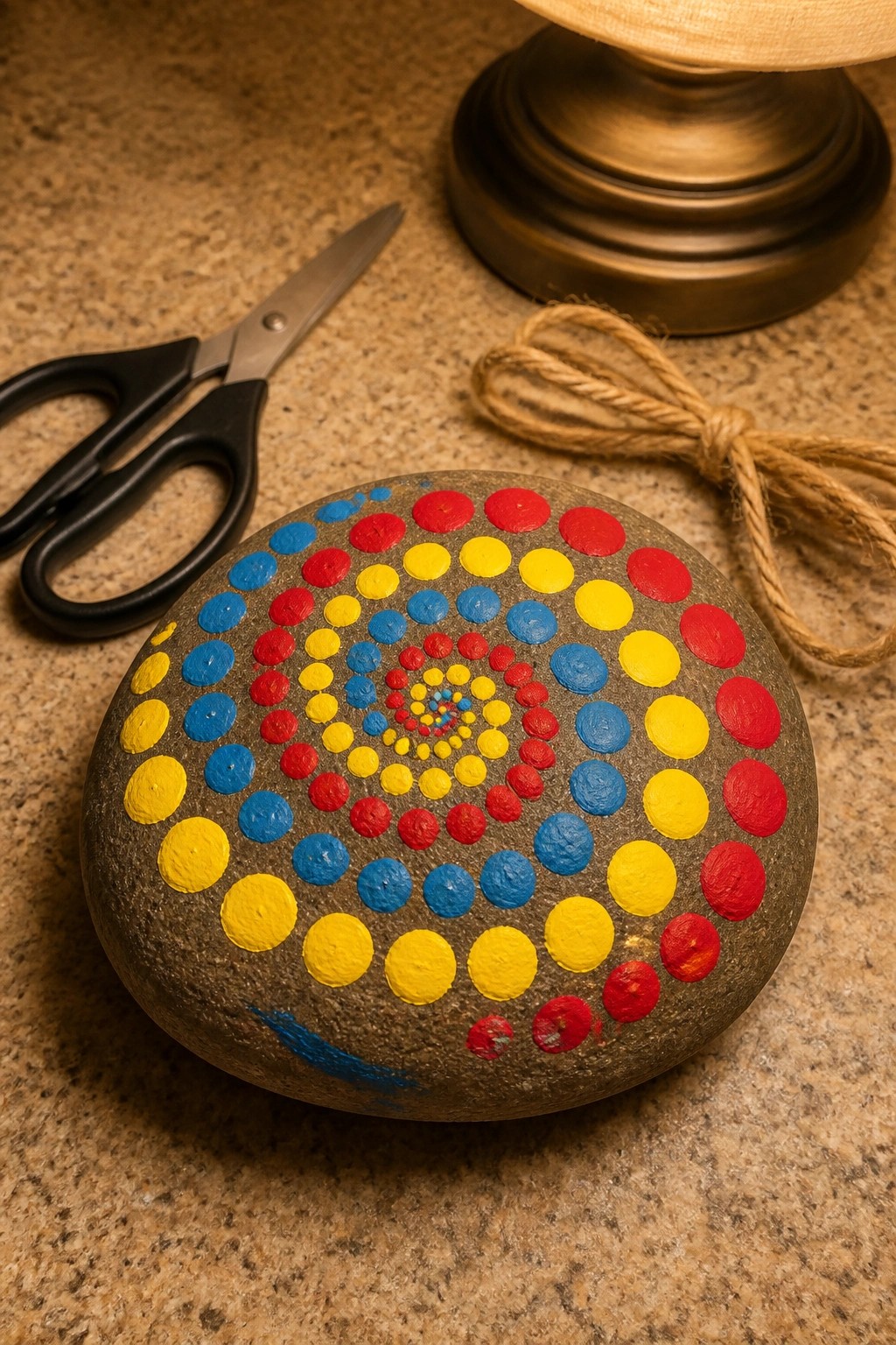 Painted stone with red, yellow, and blue dot spiral beside scissors and twine.