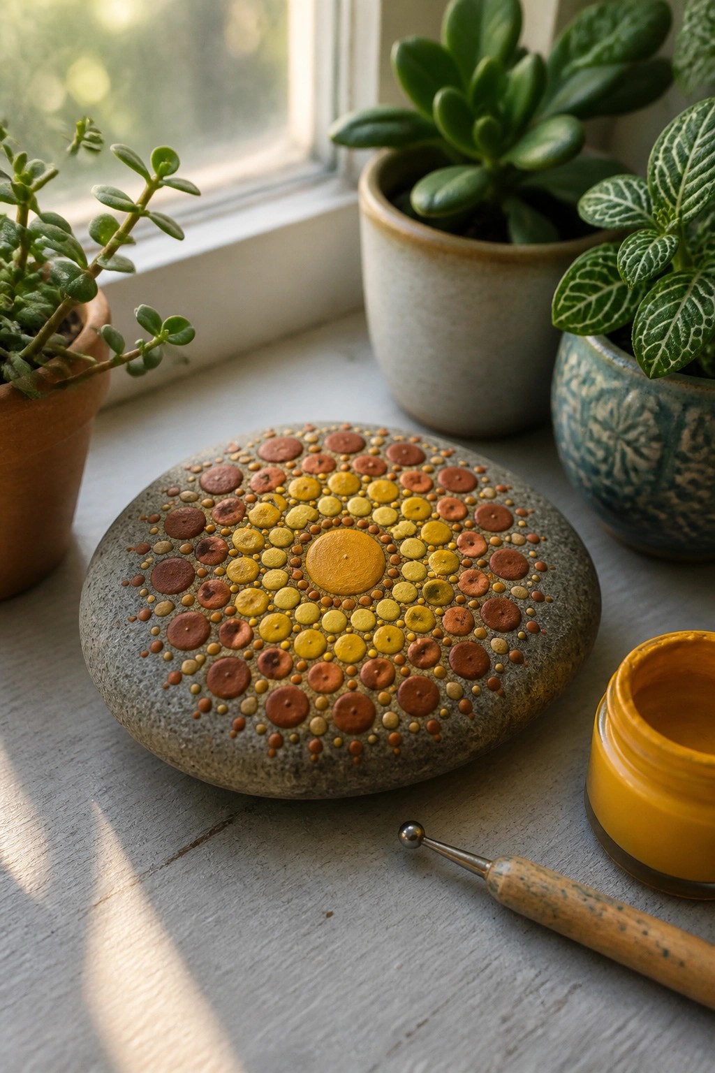 A round gray stone painted with concentric rings of yellow, orange, and brown dots forming a mandala, next to a jar of yellow paint and a dotting tool on a windowsill with potted plants.