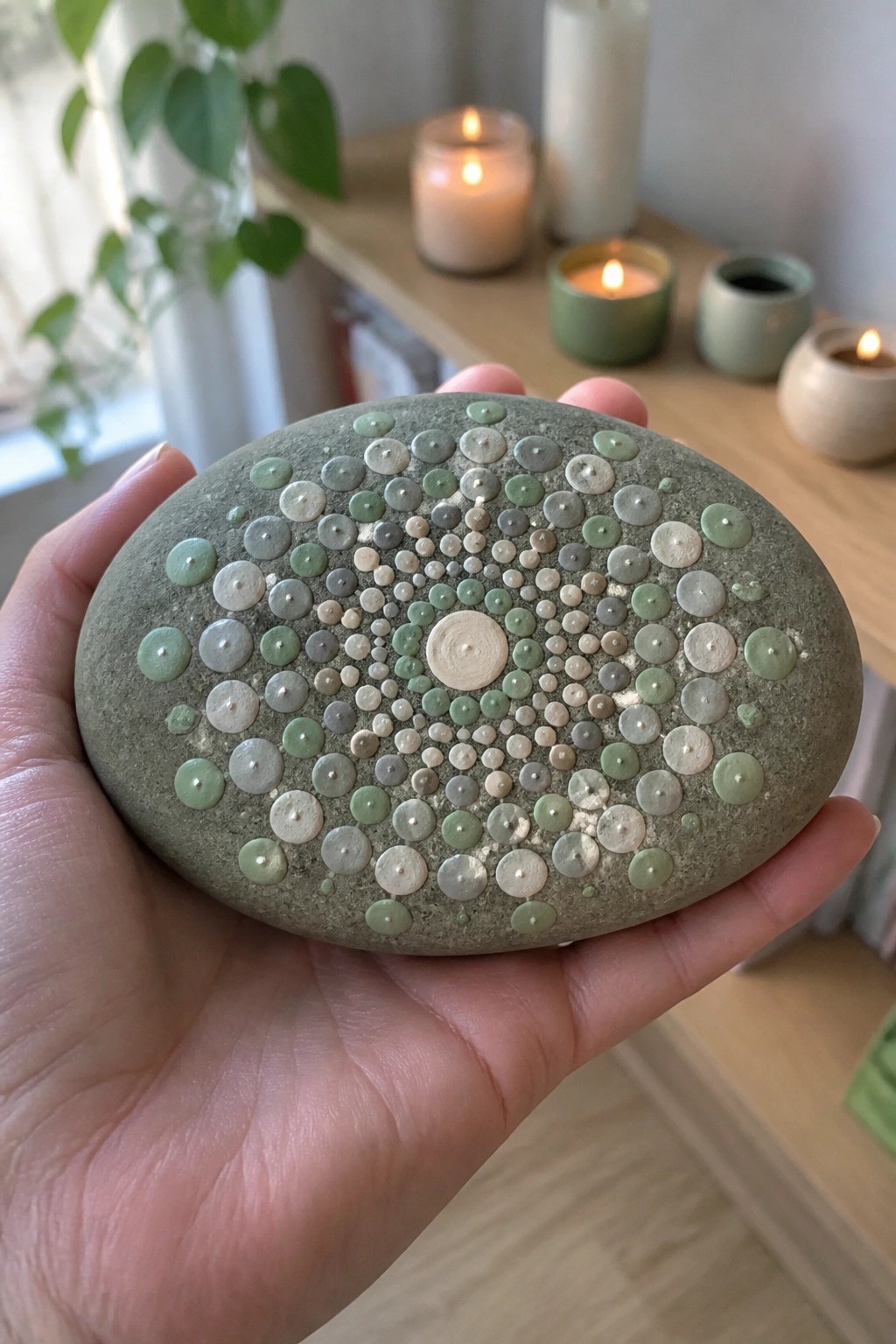 Hand holding green stone with spiral dot pattern, lit candles in background.