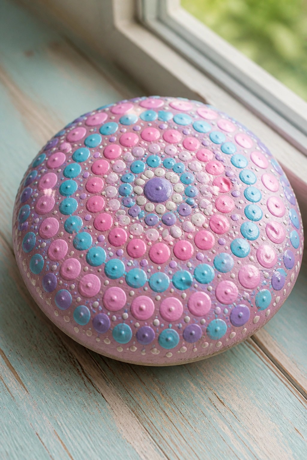 Pastel pink sphere covered in raised blue, purple, and pink dots on wooden sill