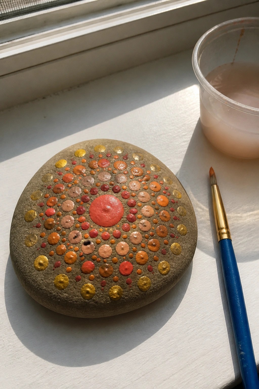 Painted stone with red-orange dot mandala beside blue brush on sunny windowsill.