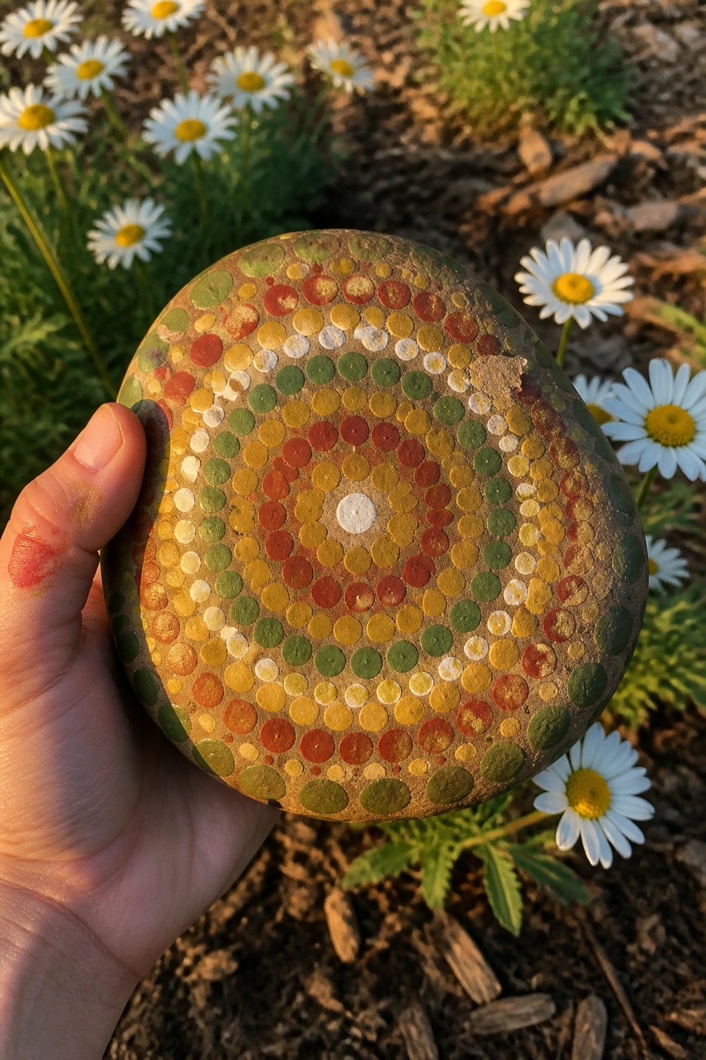 Hand holding painted stone with colorful dotted concentric circles amid white daisies