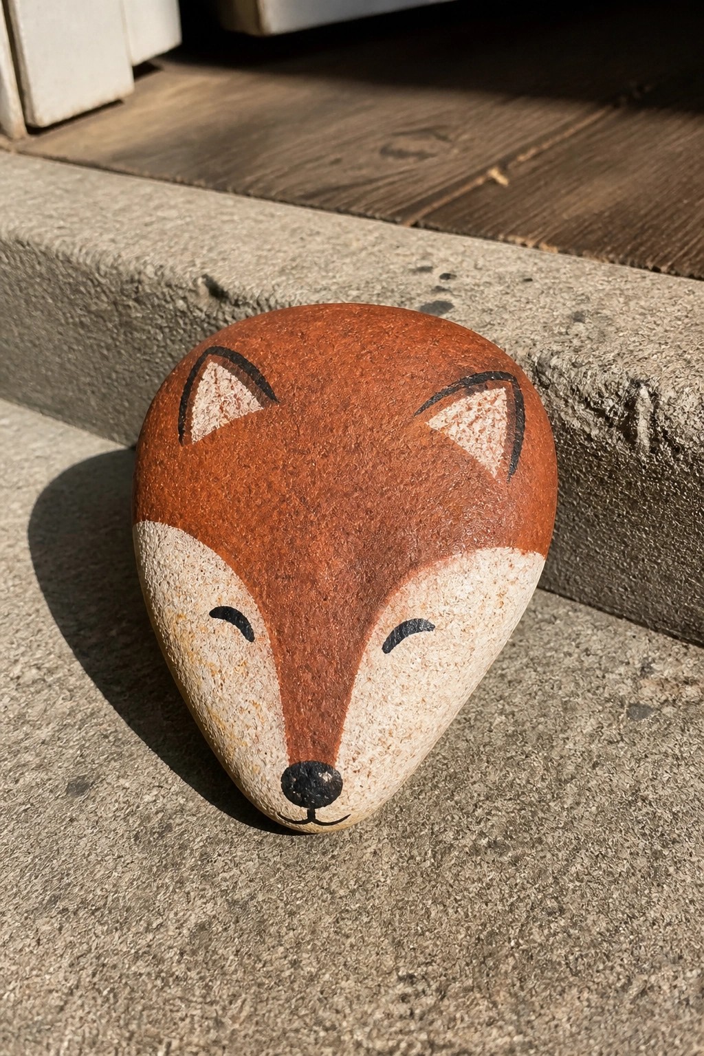 Painted rock fox with orange-brown fur, white muzzle, closed eyes, and black nose.